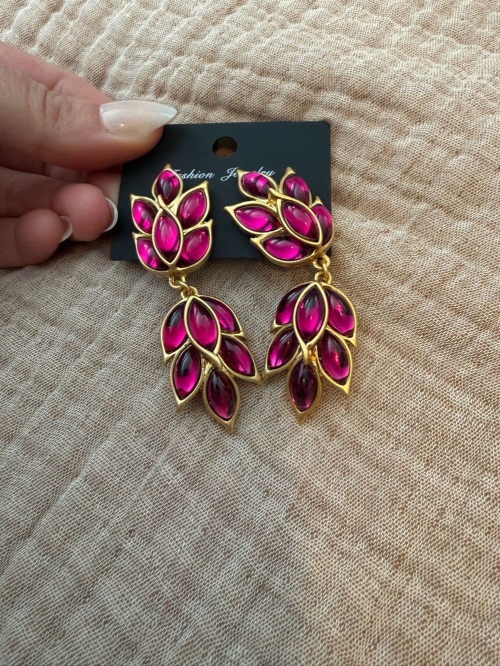Gold and Fuchsia Leaf Drop Earrings - Women Jewelry